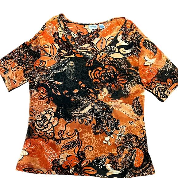 Chico’s Travelers Women’s 3 (16) Short Sleeve V-Neck Shirt Orange & Black Print - Picture 3 of 7